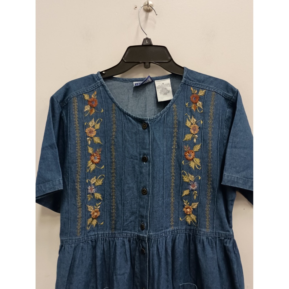 VTG 90s Erika & Co Denim Maxi Dress Womens Medium Blue BOHO Floral Embroidered - Picture 2 of 13